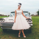 Delicate Scoop Neck Tea Length Vintage 1950s Wedding Dress,Barn Wedding Dresses,20110640-Dolly Gown